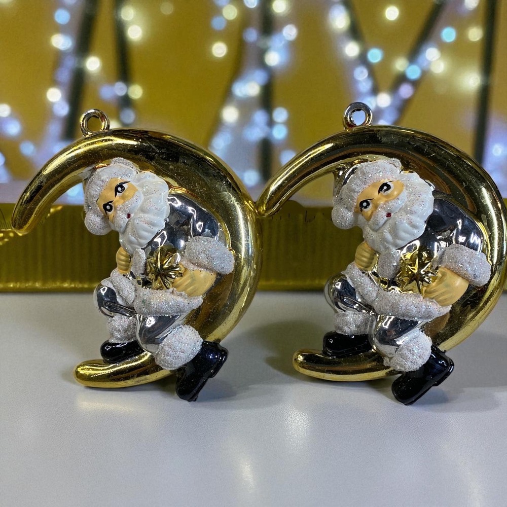 Santa Claus Moon and Stars Vintage Plastic Ornaments - Set of 2